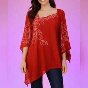 TUNIQUE Fairycore Hot Candy Pink Chiffon Beaded Angled Assymetric Blouse